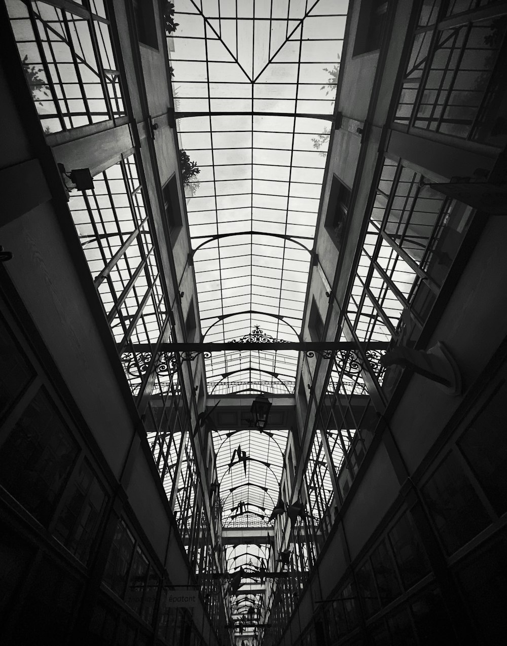 a black and white photo of a building with a skylight