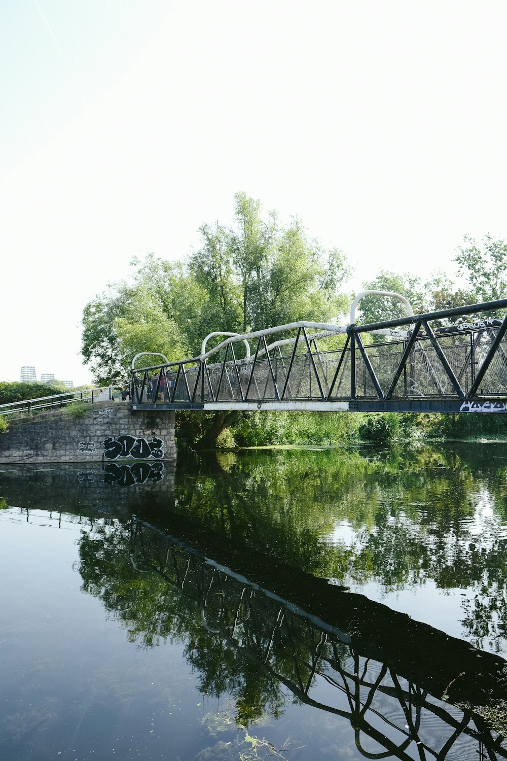 a bridge over a body of water with trees in the background