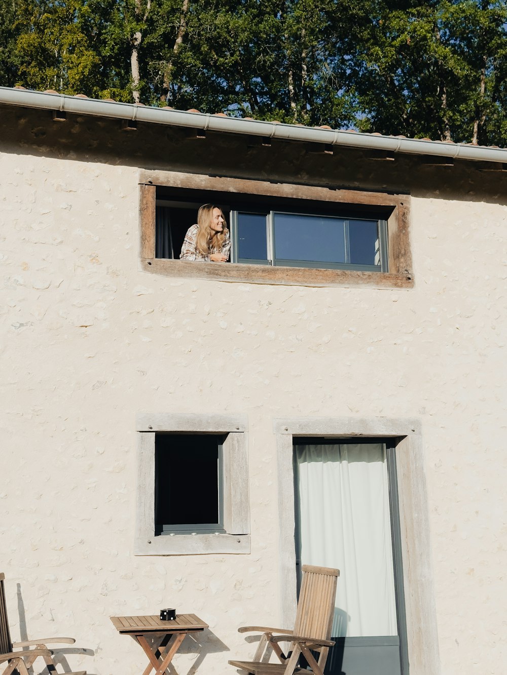 a dog is looking out of a window
