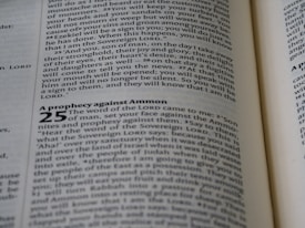 Pages of a Bible open to the book of Ezekiel with text highlighted and a section titled 'A prophecy against Ammon' prominently displayed. The text is in English, with chapter and verse numbers visible.