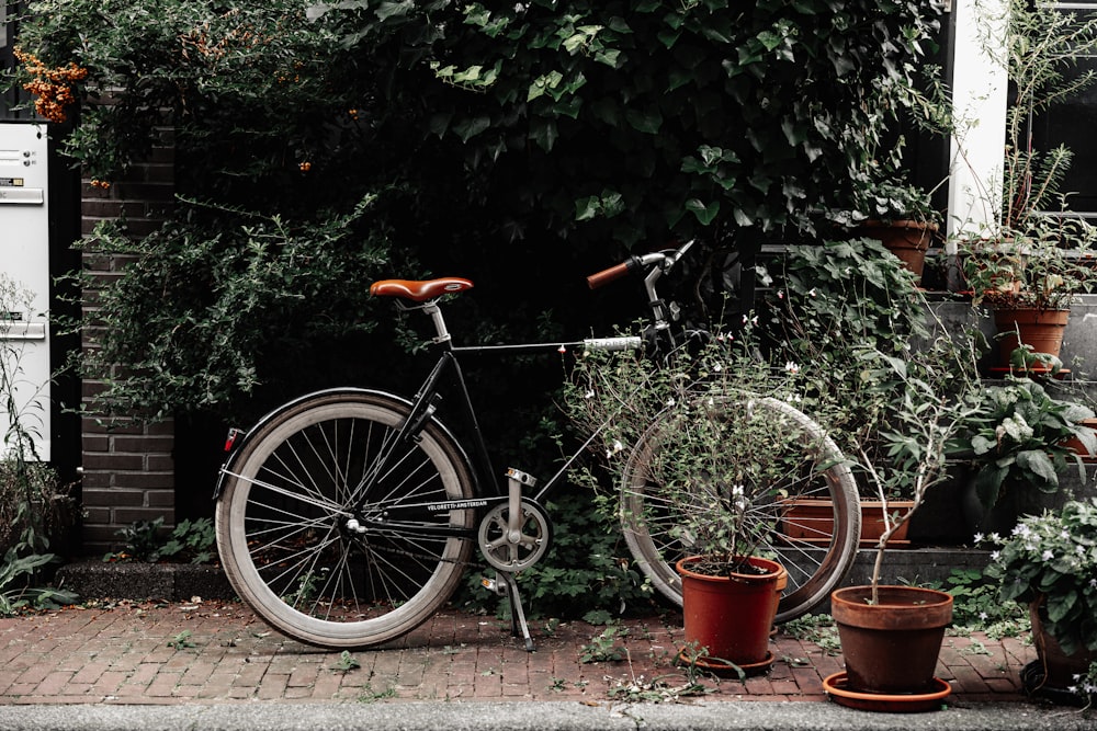 a bicycle parked next to a house with potted plants