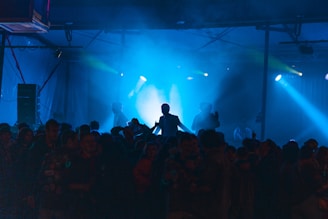a crowd of people standing around a stage