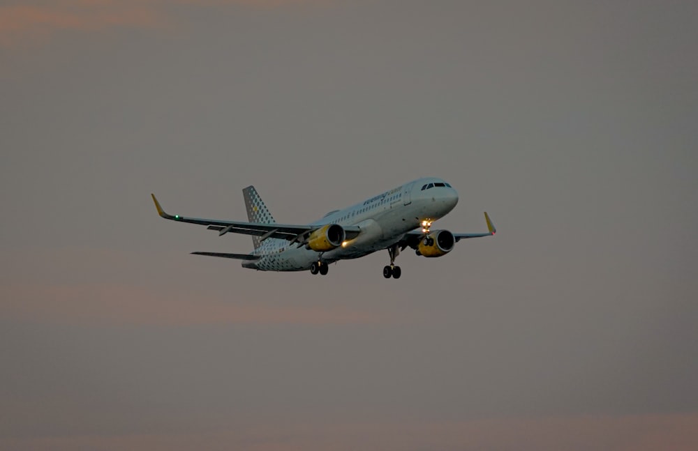 a large jetliner flying through a cloudy sky