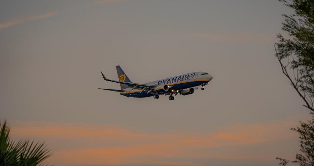 a plane is flying in the sky at sunset