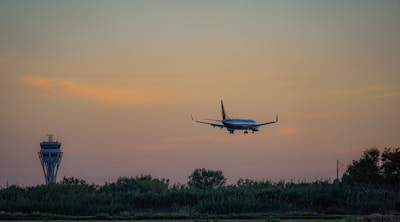 An airplane is approaching for landing with a control tower visible on the left. The sky is painted with hues of orange and pink, indicating either sunrise or sunset. Trees and vegetation are visible in the foreground, adding a natural element to the scene.
