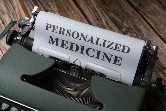 A vintage typewriter with a sheet of paper that has the words 'PERSONALIZED MEDICINE' typed in bold letters. The typewriter is placed on a rustic wooden surface, giving a classic and nostalgic feel.