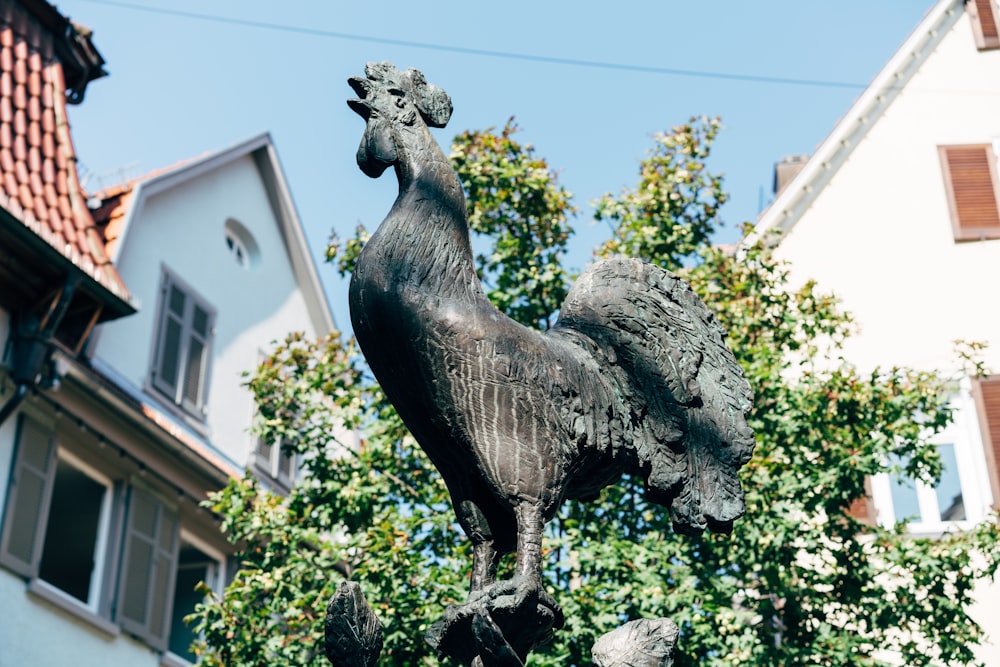 uma estátua de um galo em cima de um poste