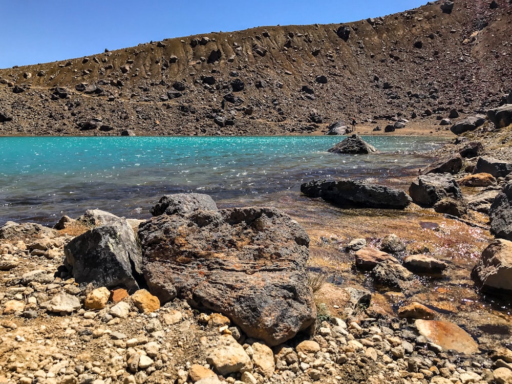 a body of water surrounded by rocks and a mountain