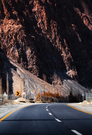 a road with a mountain in the background