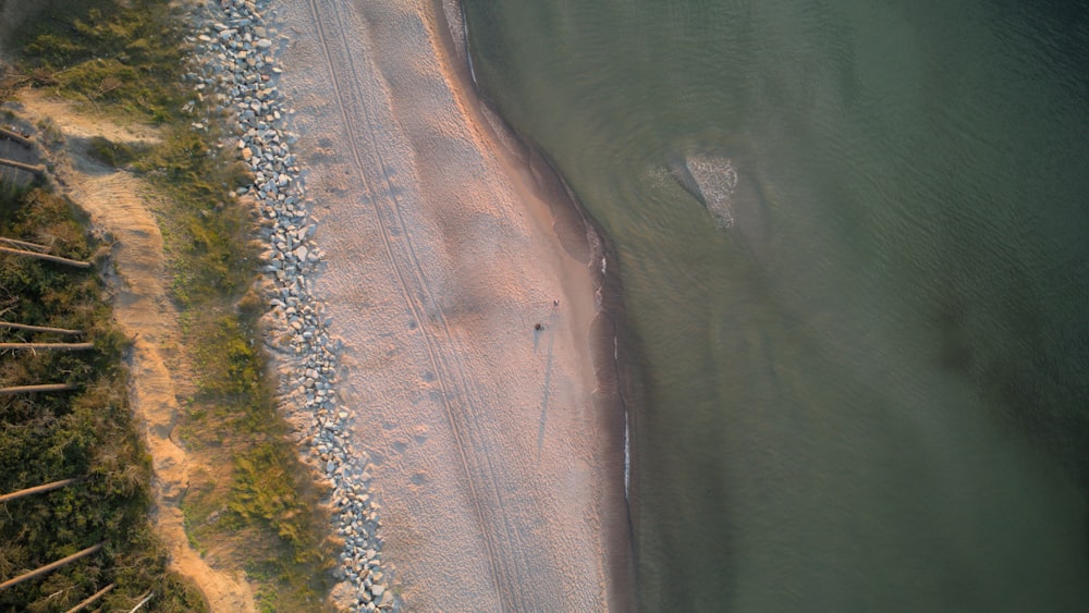 an aerial view of a beach and a body of water