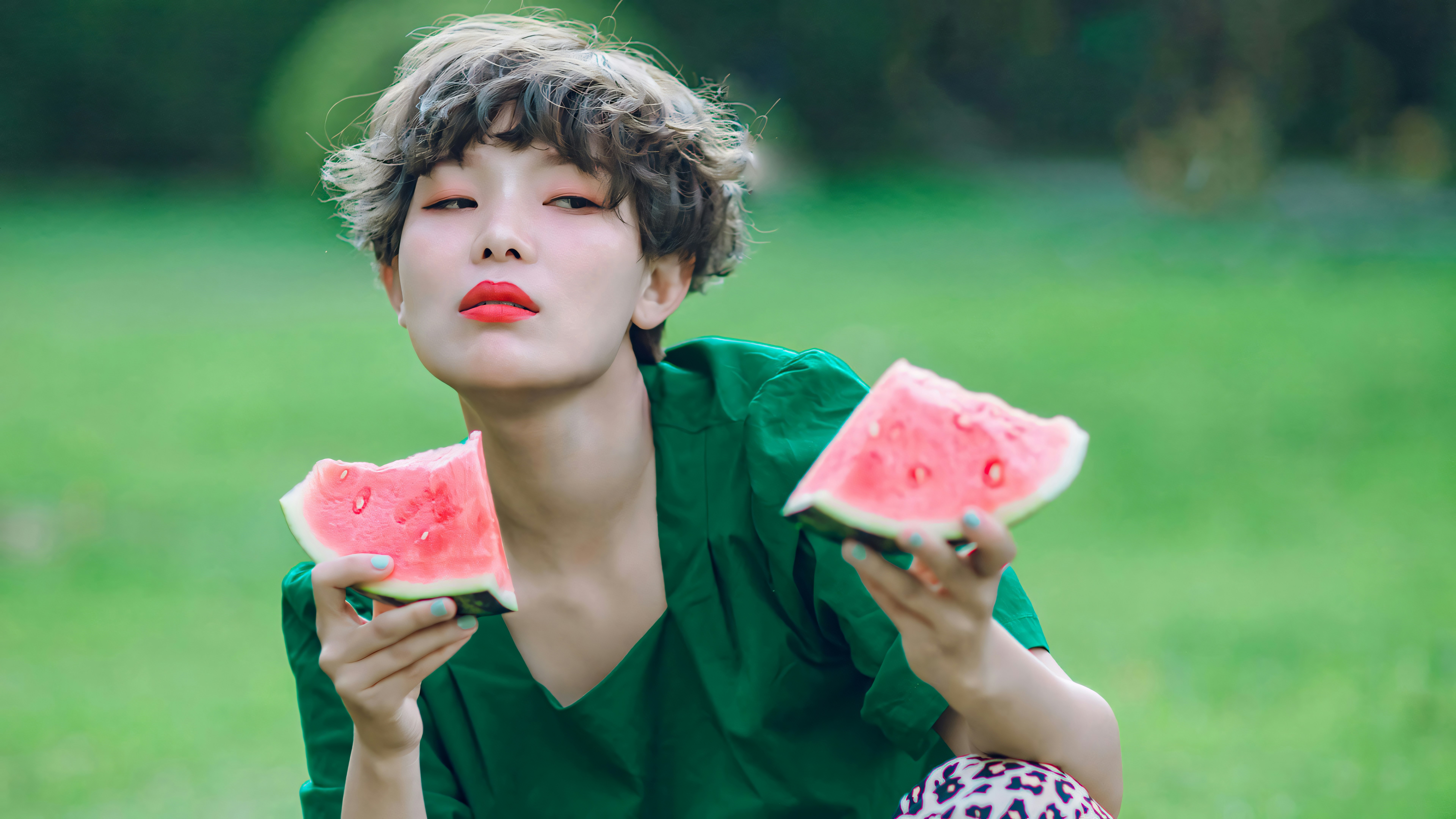 a woman holding two slices of watermelon in her hands