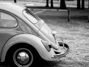 A black and white photo of a Beetle driving along a winding country road