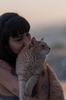 A person with dark hair is gently holding an orange tabby cat. Tattoos are visible on the person's arms. The setting appears to be outdoors with a soft, blurred background, suggesting a serene or contemplative moment.