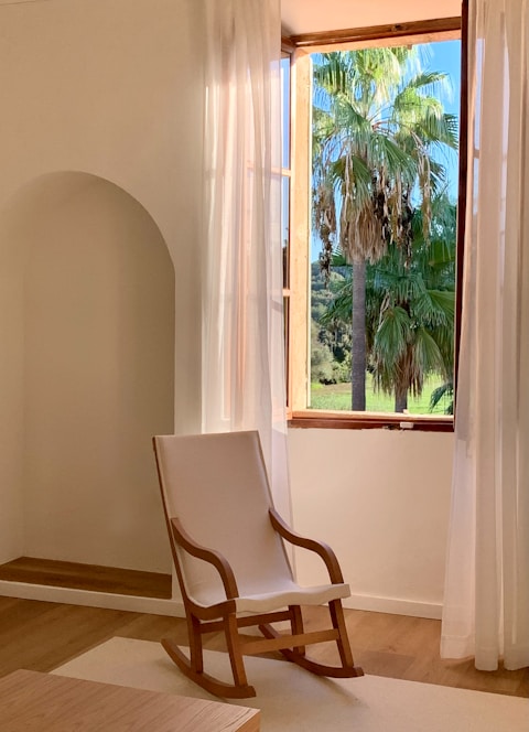 A serene, navy-themed living room freshly cleaned with sunlight filtering through palm trees outside.