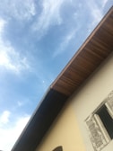 A building roof with a wooden overhang is visible against a clear blue sky. An open window with white shutters appears on the right side.