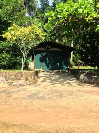 A freshly built wooden garden house surrounded by lush greenery on a sunny day.