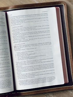 A close-up of an open book placed on a wooden surface. The book appears to be a Bible, featuring text primarily in black font on white pages with a reference to 'LUKE 10-11'. The edges of the book have a red tint, and the book has a brown leather cover.