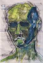 A stylized portrait of a human face painted on a newspaper page, blending abstract and expressive strokes with vibrant colors. The artwork layers blues, greens, and yellows to create depth, with dark outlines defining facial features against the text background.