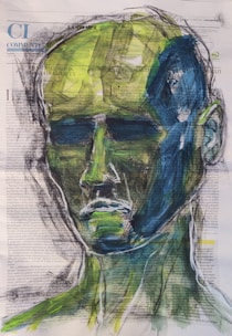 A stylized portrait of a human face painted on a newspaper page, blending abstract and expressive strokes with vibrant colors. The artwork layers blues, greens, and yellows to create depth, with dark outlines defining facial features against the text background.