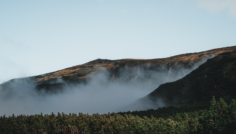 a mountain covered in fog and low lying clouds