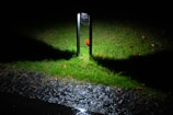 A solitary, vertical light fixture stands on a patch of vibrant green grass, casting a stark illumination in its vicinity. The ground is a mixture of grass and cobblestone, with a few scattered leaves, creating a textured surface. The light's beam creates a distinct contrast between the lit area and the surrounding darkness.