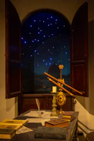 A scholar’s desk scattered with sketches of celestial bodies and handwritten notes on cosmic lore.