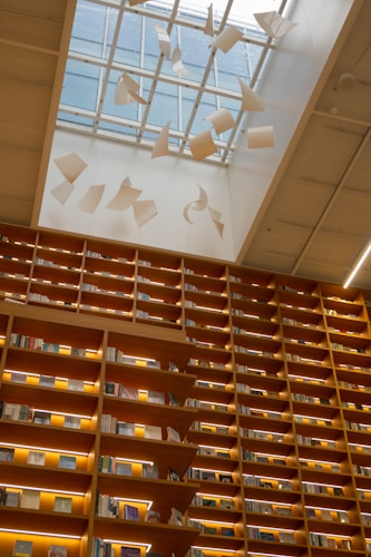 A library with towering wooden bookshelves filled with books and illuminated by warm lights. Above, a glass ceiling lets in natural light and features artistic paper-like sculptures suspended in motion, creating a sense of whimsical movement.