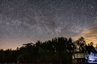 A star-filled sky spans across the night, with the faint outline of the Milky Way visible. Below, a silhouette of a dense forest creates a dark horizon against the brightly lit sky. To the right, a small structure with illuminated windows stands near the trees, and a gentle glow on the horizon suggests distant light pollution or a setting sun.