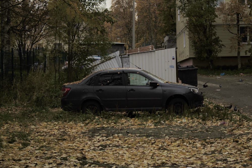 a car parked in a leaf covered yard