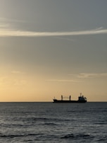 A calm ocean view with a cargo ship sailing towards the horizon at sunset.