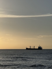 A calm ocean horizon with a cargo ship silhouette at sunset.