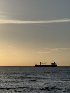 A calm ocean view with a cargo ship sailing towards the horizon at sunset.