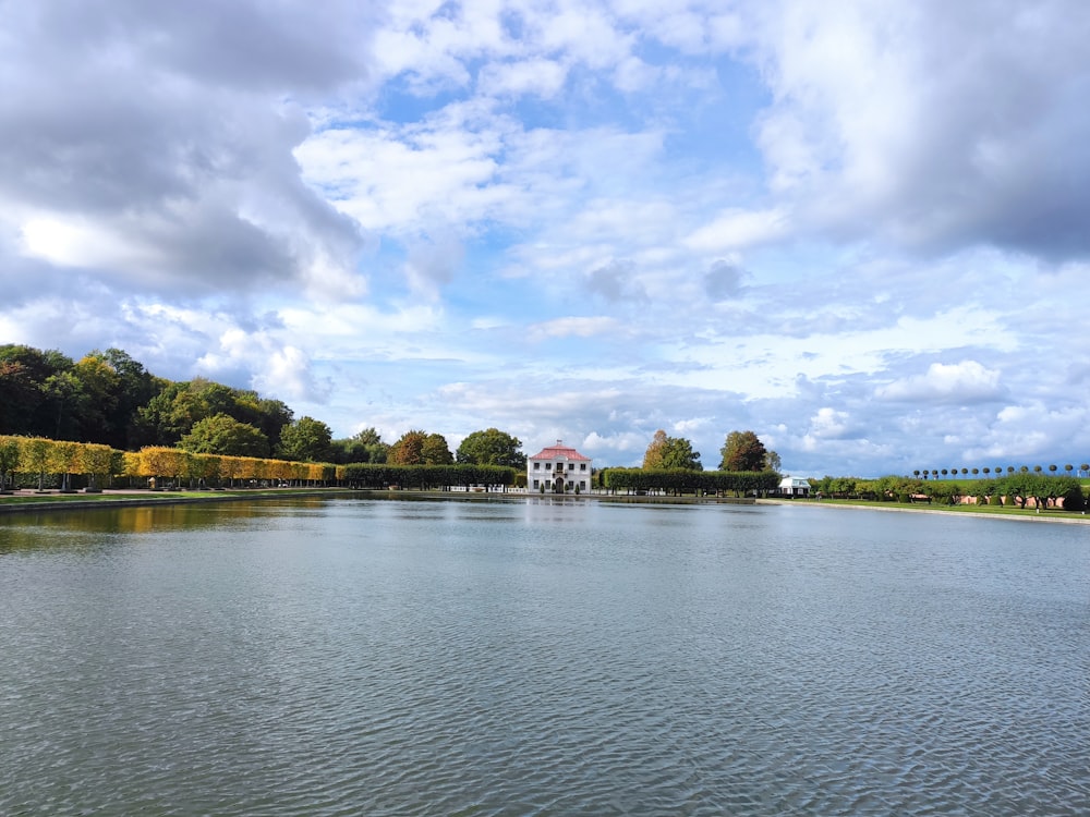 a large body of water surrounded by trees