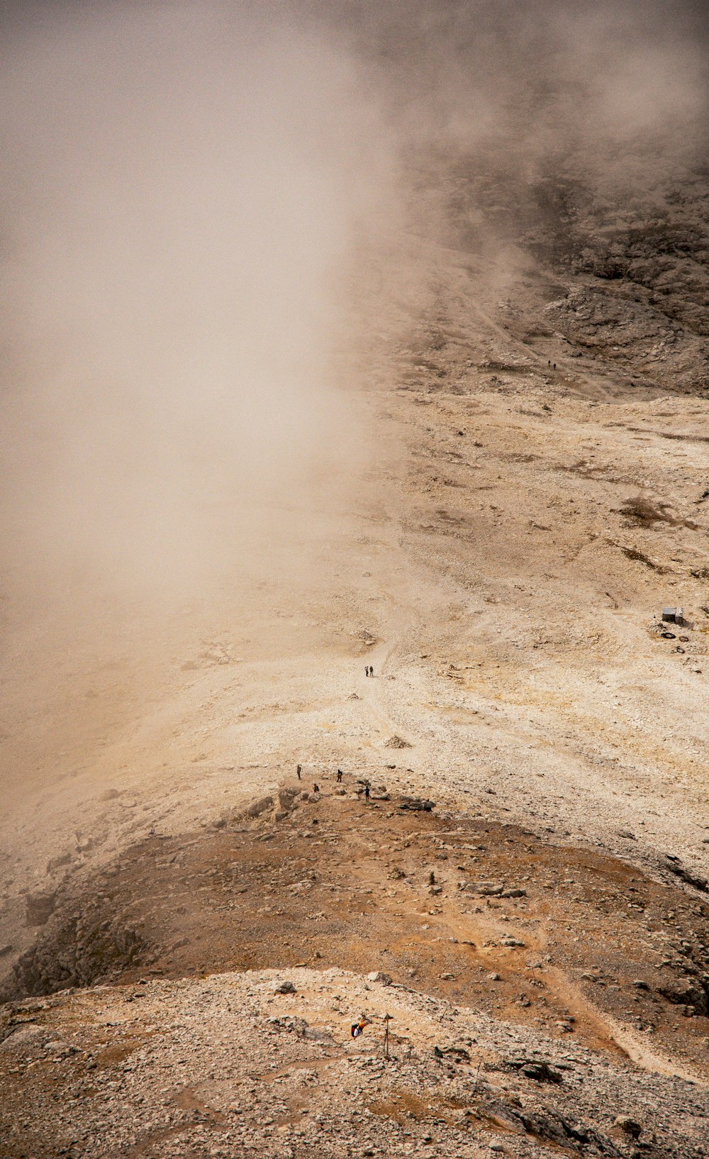 a lone sheep standing on a rocky hillside