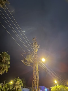 A tall utility pole with electrical equipment and wires is set against a night sky. Streetlights in the scene emit a warm glow, lighting the surrounding area and casting light on nearby palm trees. The moon is visible in the background, adding to the nighttime ambiance.