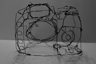 A wire sculpture resembles the outline of a camera. The intricate design includes circular patterns representing buttons and lenses. The wires are thin, forming a three-dimensional shape with shadows cast on the surface below.