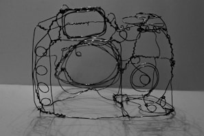 A wire sculpture resembles the outline of a camera. The intricate design includes circular patterns representing buttons and lenses. The wires are thin, forming a three-dimensional shape with shadows cast on the surface below.