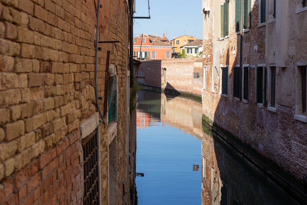 a narrow canal between two brick buildings