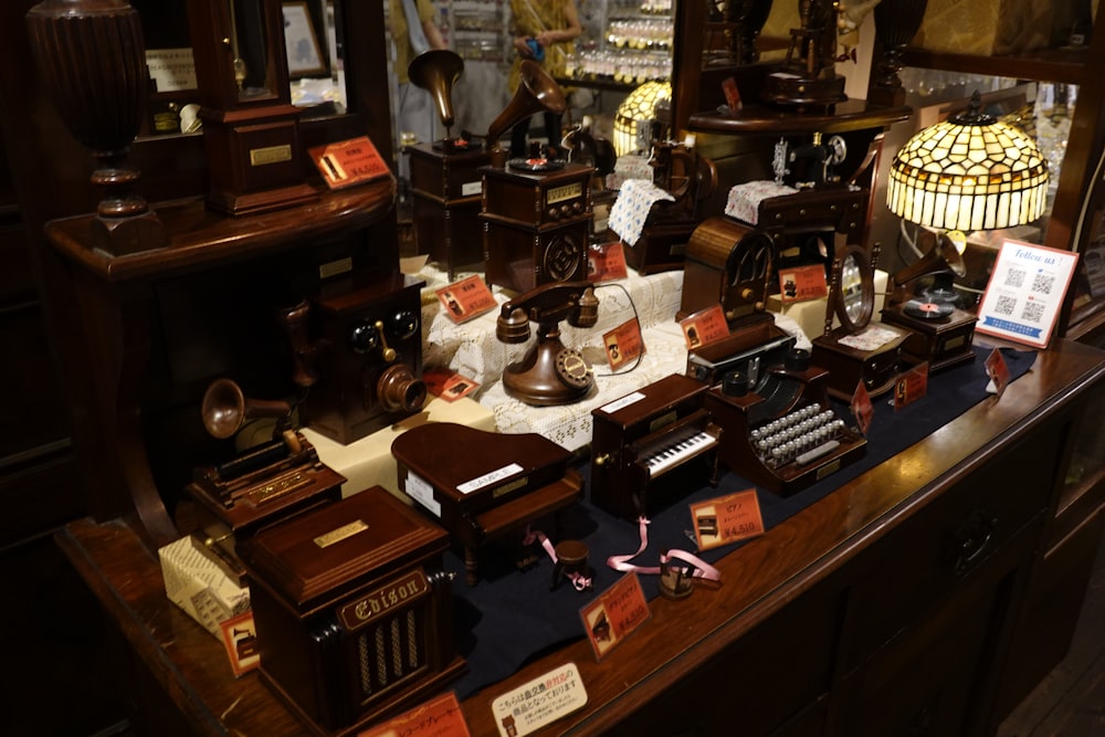 a collection of antique items on display in a store