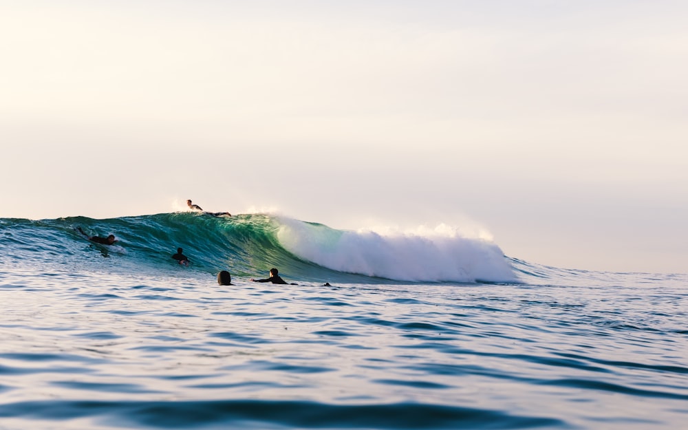 a group of people riding a wave on top of surfboards