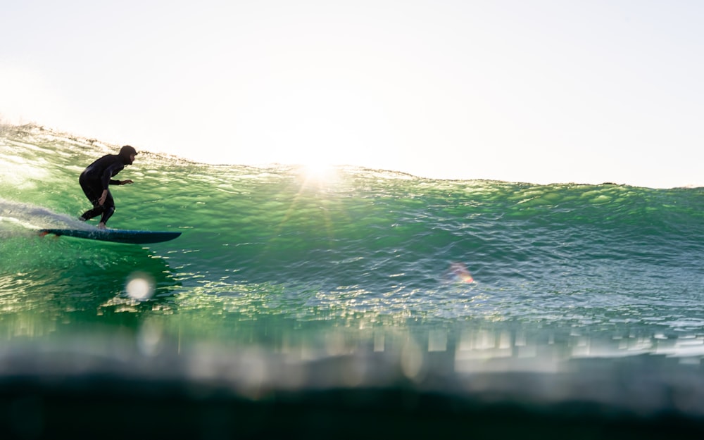 a man riding a wave on top of a surfboard