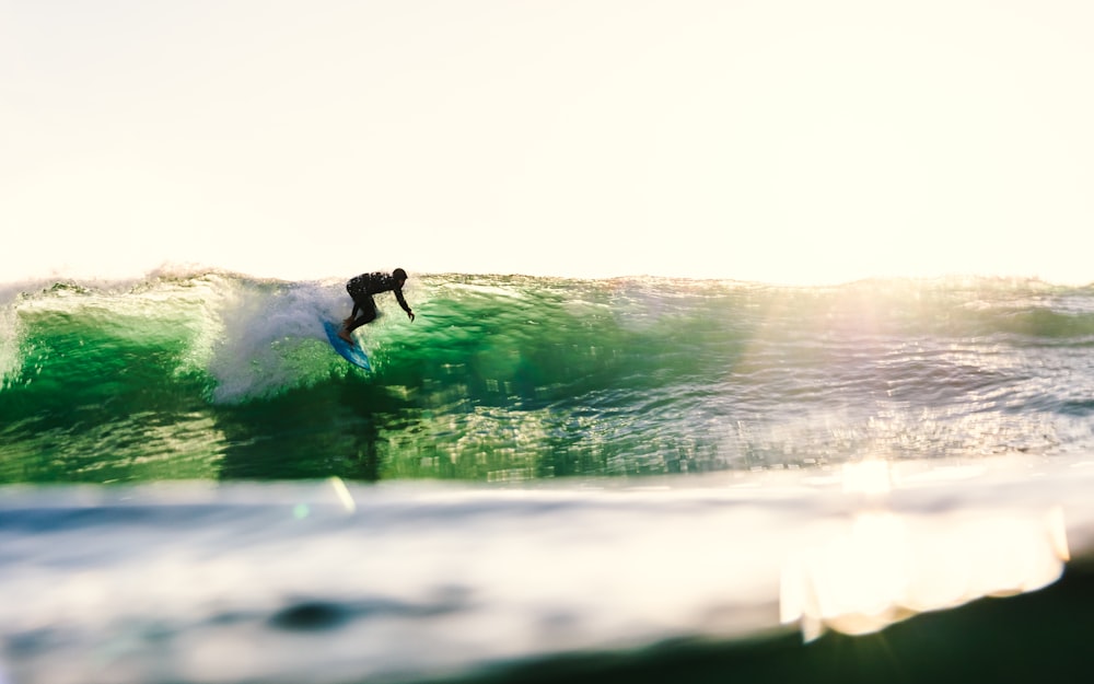 a man riding a wave on top of a surfboard