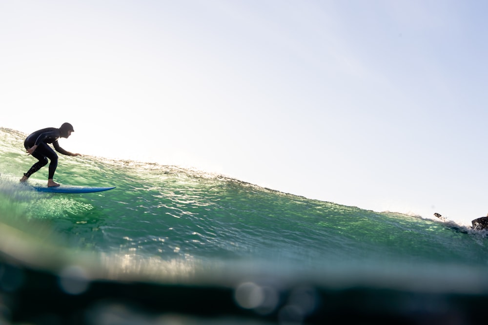 a man riding a wave on top of a surfboard