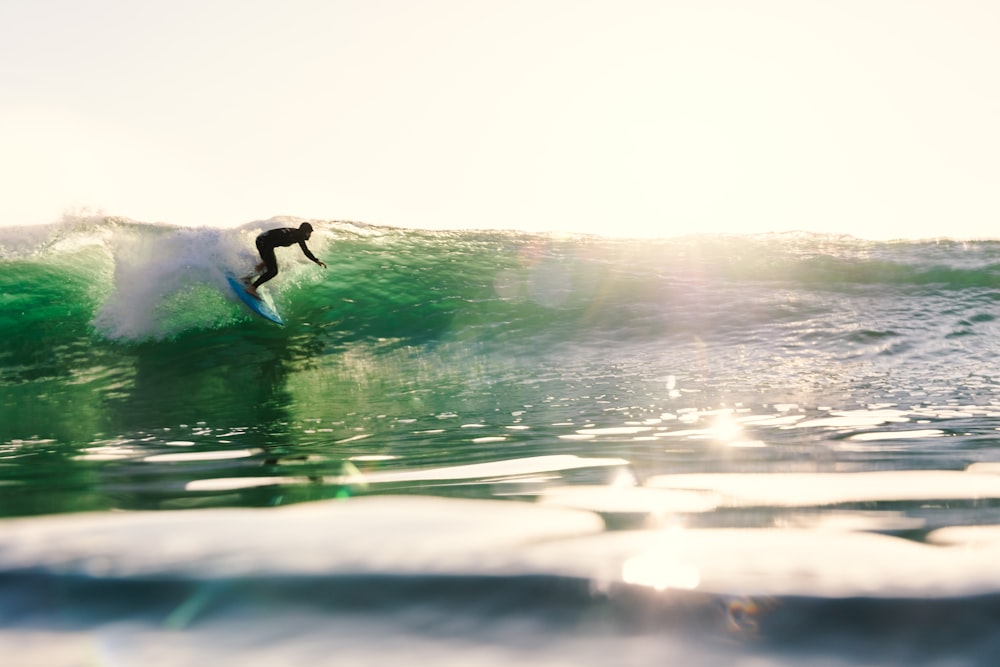 a person riding a surfboard on a wave in the ocean