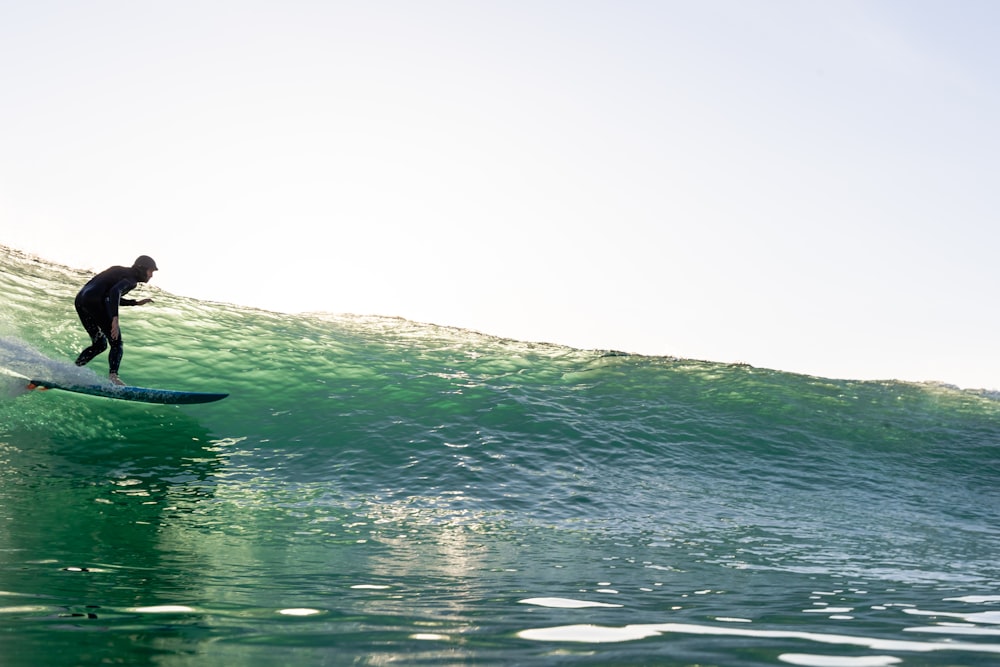 a man riding a wave on top of a surfboard