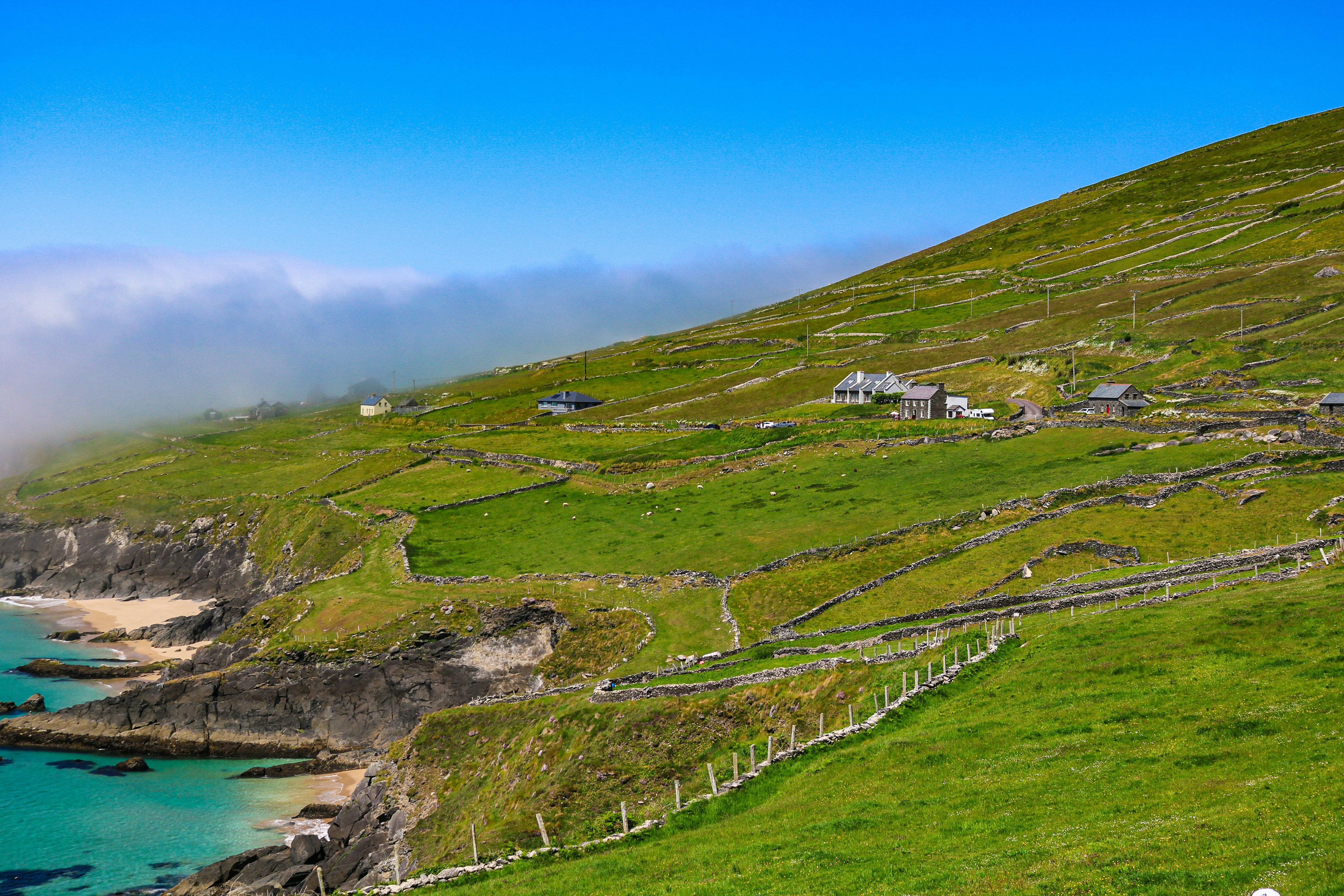 Terraced hillside with stone fences and a cluster of cottages overlooking a turquoise bay, captured as a bright coastal pasture photograph.