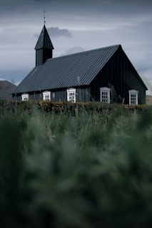 A dark, black wooden church stands with a tall steeple and small white-framed windows against a backdrop of cloudy skies. Lush green grass fills the foreground, leading up to the church structure, which exudes a rustic and historic charm. The overall atmosphere is serene and slightly moody due to the overcast weather.