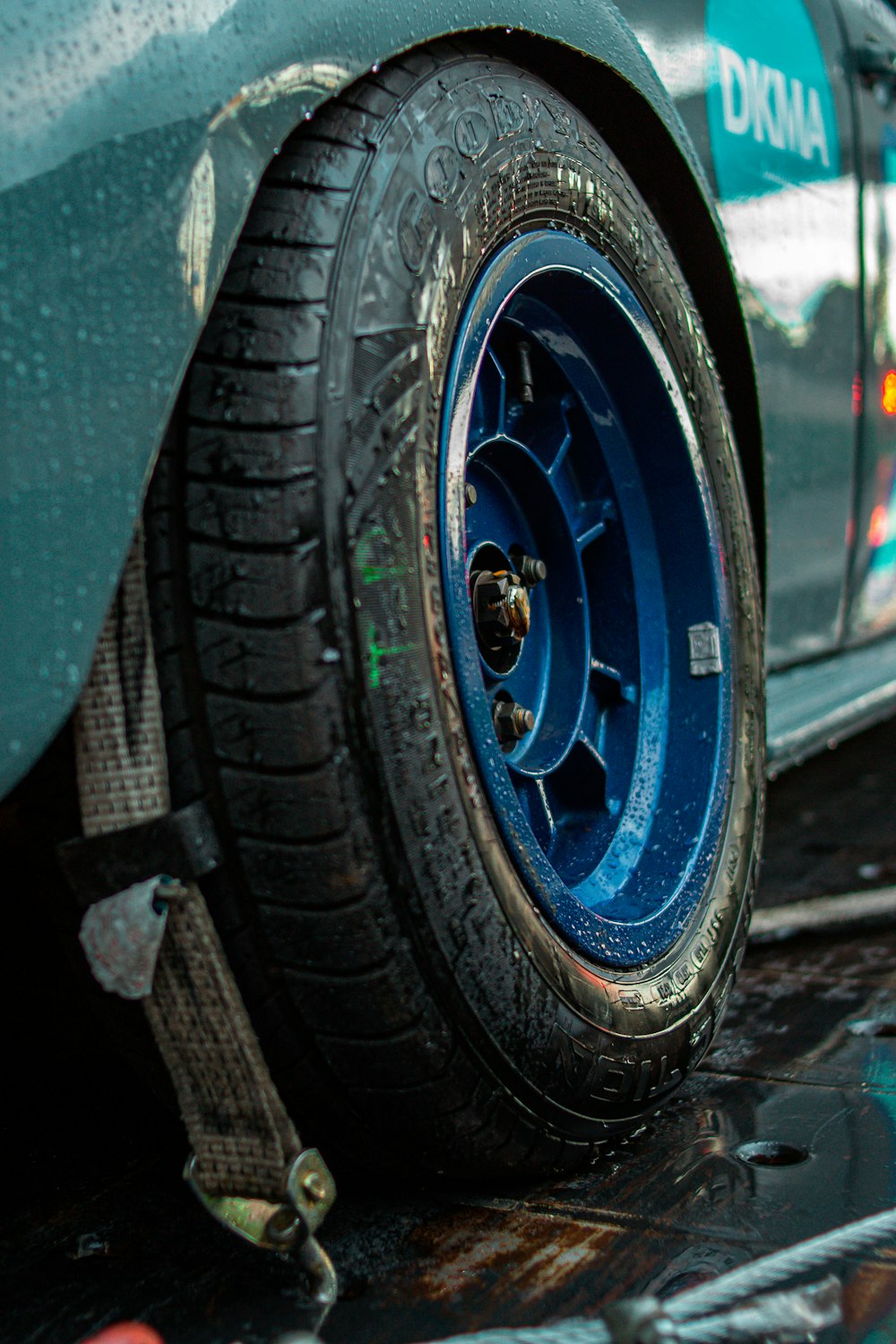 a close up of a tire on a car