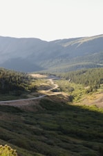 A scenic snapshot of a winding mountain road disappearing into a lush green valley under a clear blue sky.