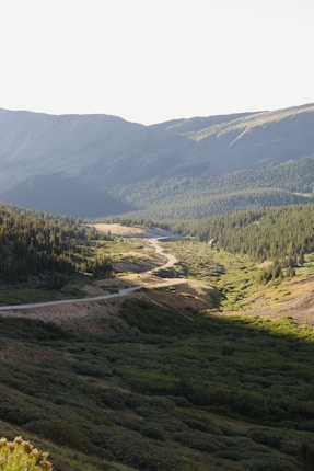 A winding road cuts through a lush, green valley surrounded by dense forests and towering mountains under a clear sky.